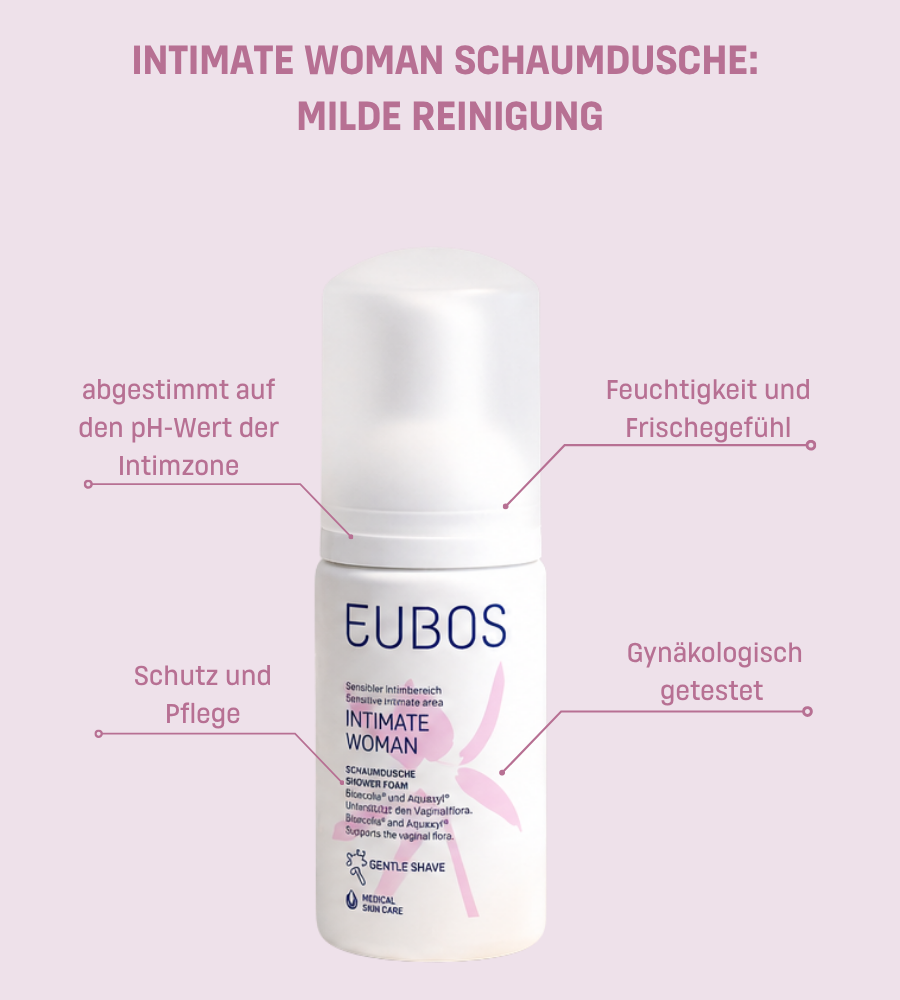 EUBOS Intimate Woman Schaumdusche. Text: Milde Reinigung. Schutz, Pflege, pH-Wert.